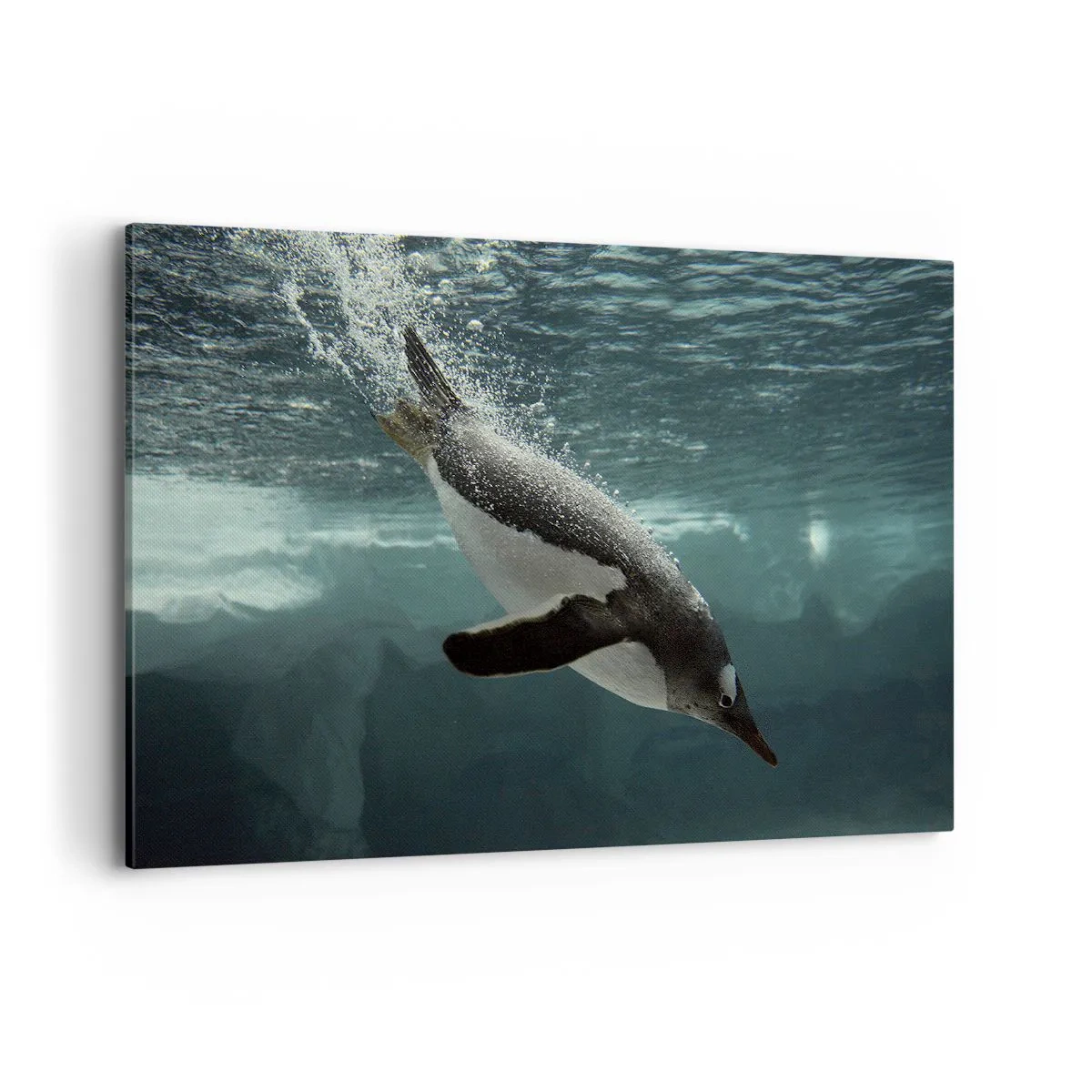 Quadro su tela - Stampe su Tela - Un pinguino che si tuffa nelle profondità dell'acqua ghiacciata - 120x80cm - Benvenuto nel mio mondo - Decorazione murale moderna per soggiorno e camera da letto ARTTOR