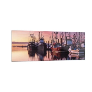 Quadro su vetro - Barche da pesca nel porto al tramonto - 140x50cm - Prima del giorno successivo - Decorazione murale moderna per soggiorno e camera da letto ARTTOR