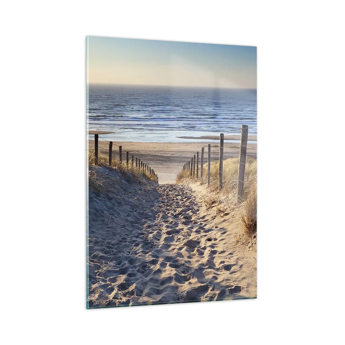 Quadro su vetro - Un sentiero tra le dune che conduce ad una spiaggia con mare calmo - 50x70cm - Rumore del mare, uccelli che cantano, spiaggia selvatica tra i cespugli... - Decorazione murale moderna per soggiorno e camera da letto ARTTOR