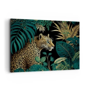 Quadro su tela - Stampe su Tela - Leopardo tra foglie tropicali su sfondo nero - 100x70cm - Il signore della giungla - Decorazione murale moderna per soggiorno e camera da letto ARTTOR