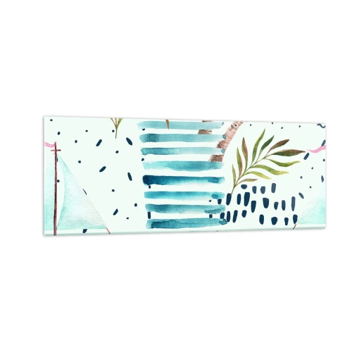 Quadro su vetro - Motivo astratto con palme e accenti nautici - 140x50cm - Vacanze sotto le palme - Decorazione murale moderna per soggiorno e camera da letto ARTTOR