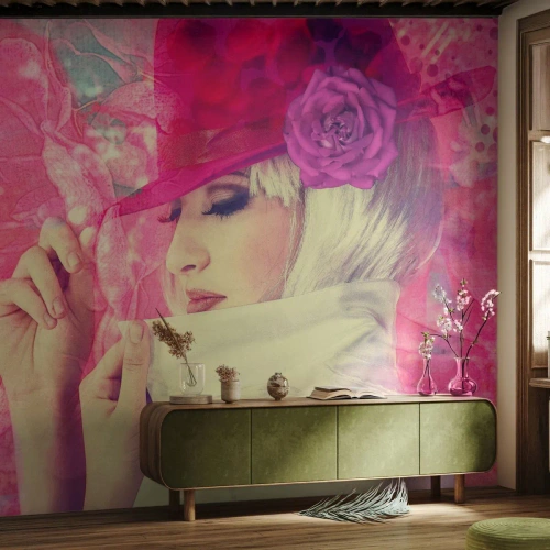 Fotomurali Premium Sand - Ritratto retro nei vapori di rosa - Donna In Un Cappello, Fiori, Moda - 150x105 cm