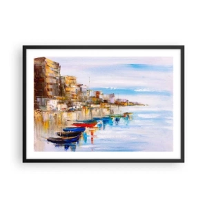 Poster in cornice nera - Barche colorate sulla riva con vista sullo skyline della città - 70x50cm - Molo cittadino multicolore - Decorazione murale moderna per soggiorno e camera da letto ARTTOR
