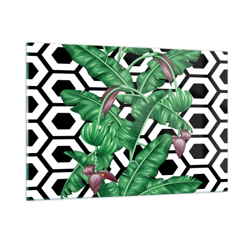 Quadro su vetro - Foglie e fiori tropicali su uno sfondo con motivo geometrico bianco e nero - 120x80cm - Composizione simmetrica con la natura - Decorazione murale moderna per soggiorno e camera da letto ARTTOR