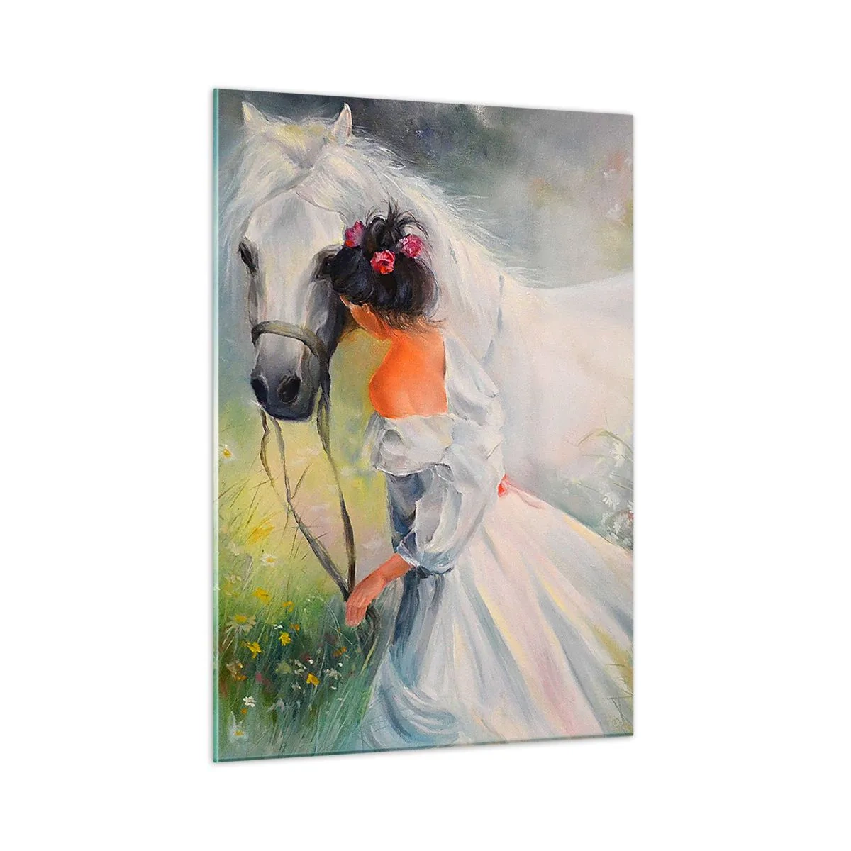 Quadro su vetro - Una donna in abito bianco con un cavallo bianco in un prato pieno di fiori. - 50x70cm - Come in un bel sogno - Decorazione murale moderna per soggiorno e camera da letto ARTTOR