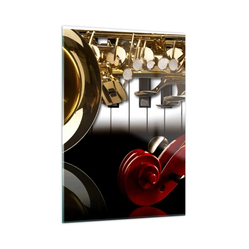 Quadro su vetro - Sassofono, tastiera e archetto in una composizione artistica - 50x70cm - Metallo, legno e avorio - Decorazione murale moderna per soggiorno e camera da letto ARTTOR