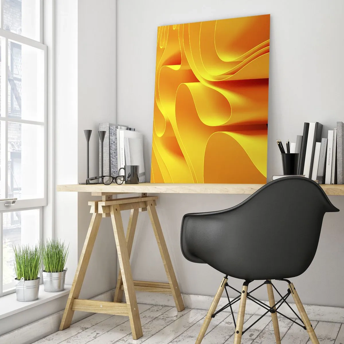 Quadro su vetro - Onde astratte gialle che ricordano i raggi del sole - 80x120cm - Come onde di sole - Decorazione murale moderna per soggiorno e camera da letto ARTTOR