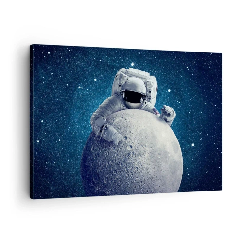 Quadro su tela - Stampe su Tela - Astronauta che tiene la luna contro un cielo stellato - 70x50cm - Burlone spaziale - Decorazione murale moderna per soggiorno e camera da letto ARTTOR