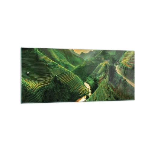 Quadro su vetro - Pittoresche terrazze di riso in una valle verde illuminata dal sole al tramonto - 120x50cm - Valle del Vietnam - Decorazione murale moderna per soggiorno e camera da letto ARTTOR