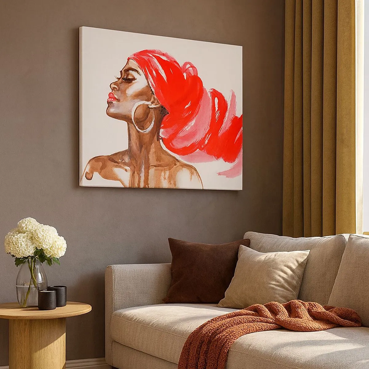 Quadro su tela - Stampe su Tela - Profilo di una donna con turbante rosso e orecchini - 70x50cm - C'è un vento che allarga le narici dell'uomo - Decorazione murale moderna per soggiorno e camera da letto ARTTOR