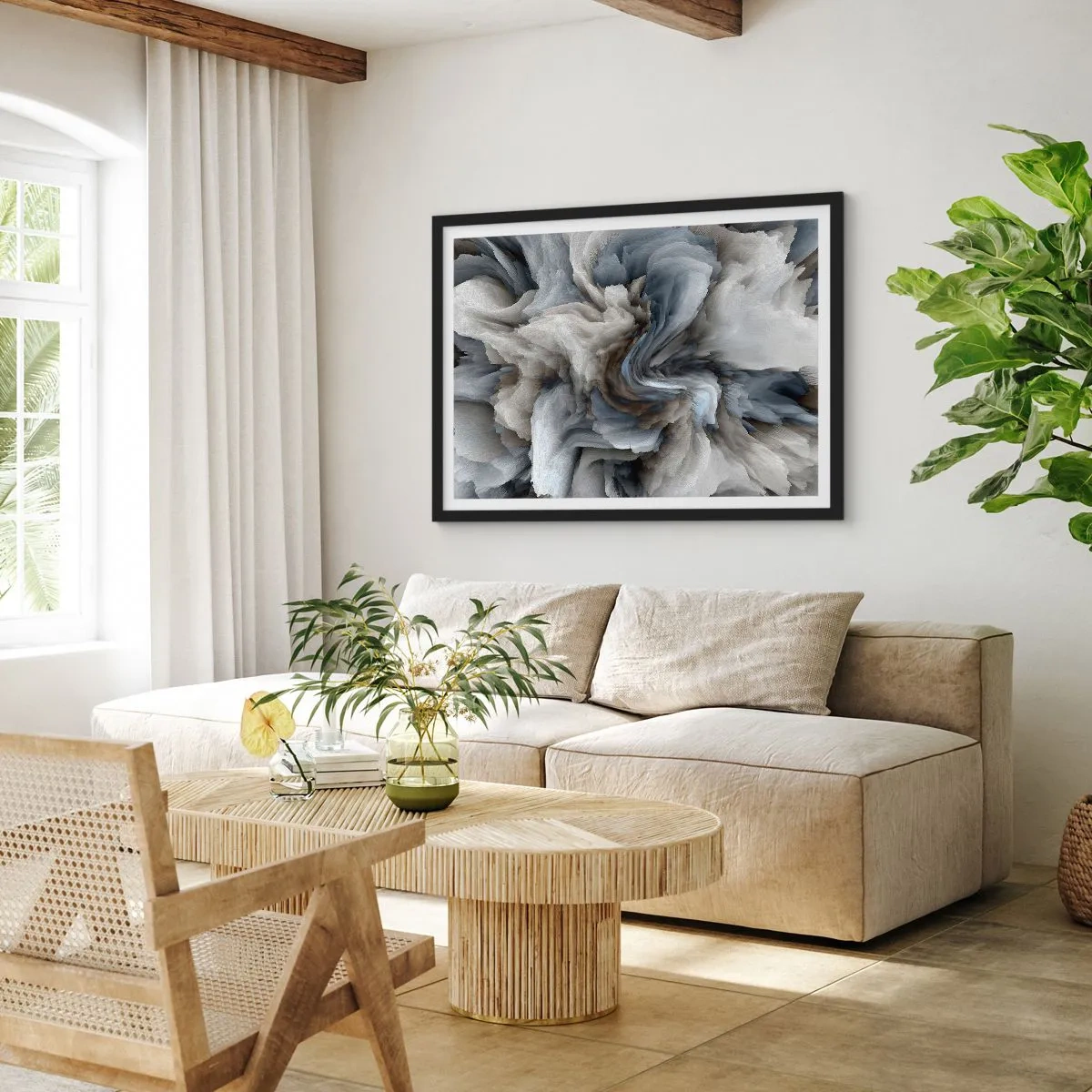Poster in cornice nera - Vortice astratto nei toni del grigio e del blu - 70x50cm - Pietra in fiore - Decorazione murale moderna per soggiorno e camera da letto ARTTOR
