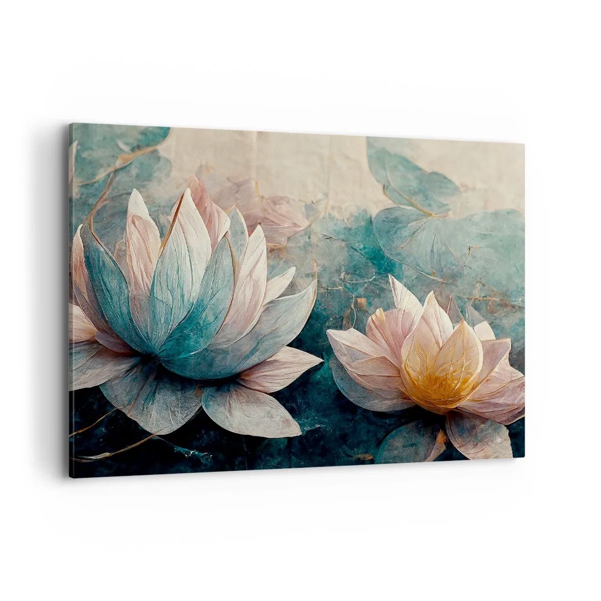 Quadro su tela - Stampe su Tela - Delicate ninfee in tonalità pastello di blu e oro - 120x80cm - Le stelle del lago - Decorazione murale moderna per soggiorno e camera da letto ARTTOR