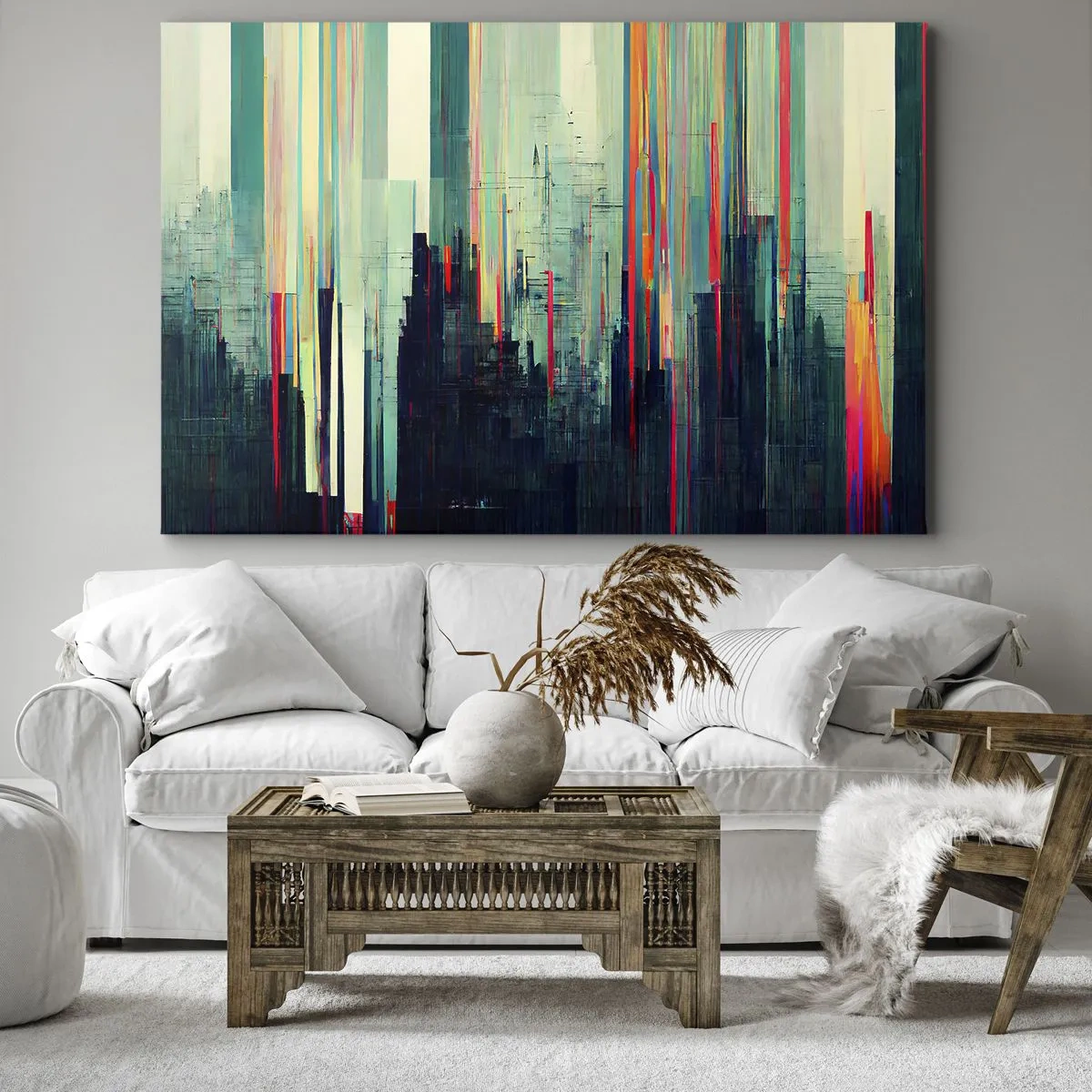 Quadro su tela - Stampe su Tela - Astrazione con linee verticali e skyline della città - 70x50cm - Città futuristica - Decorazione murale moderna per soggiorno e camera da letto ARTTOR