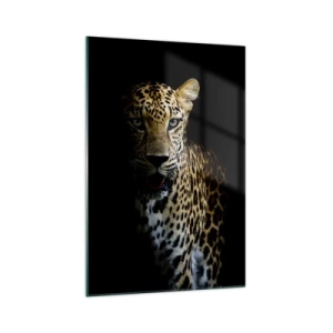 Quadro su vetro - Un leopardo su sfondo scuro con sguardo intenso - 70x100cm - Bellezza tenebrosa - Decorazione murale moderna per soggiorno e camera da letto ARTTOR