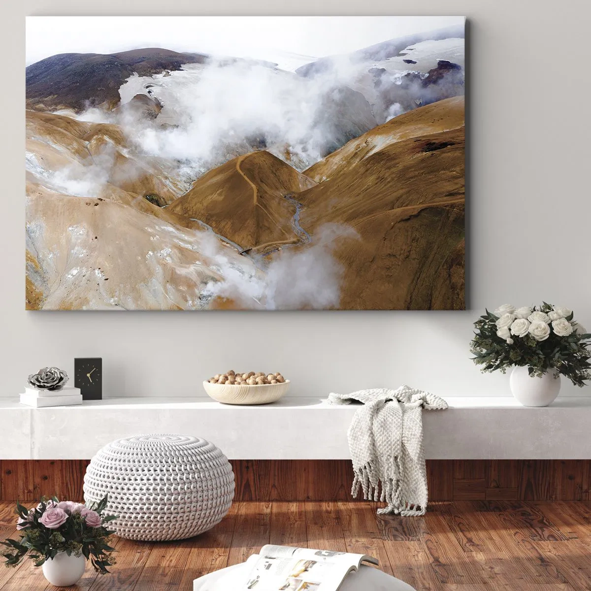 Quadro su tela - Stampe su Tela - Un paesaggio montano con vapore in un clima rigido - 120x80cm - La bellezza severa dell'Islanda - Decorazione murale moderna per soggiorno e camera da letto ARTTOR