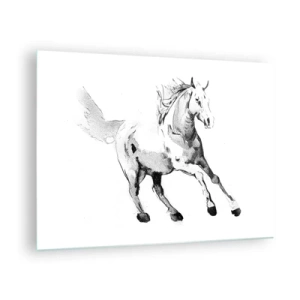 Quadro su vetro - Schizzo in bianco e nero di un cavallo al galoppo su sfondo bianco - 70x50cm - Anima indomabile - Decorazione murale moderna per soggiorno e camera da letto ARTTOR