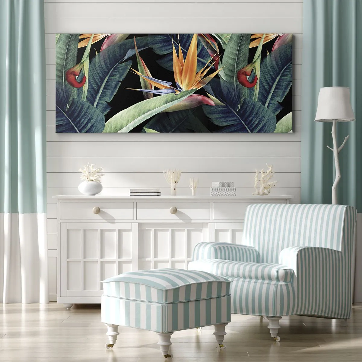 Quadro su tela - Stampe su Tela - Fiori e foglie tropicali su sfondo nero - 120x50cm - I fiori fiammeggianti dei tropici - Decorazione murale moderna per soggiorno e camera da letto ARTTOR