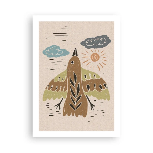 Poster - Un'illustrazione colorata di un uccello in volo, con nuvole e sole sullo sfondo. - 50x70cm - Volo gioioso - Decorazione murale moderna per soggiorno e camera da letto ARTTOR