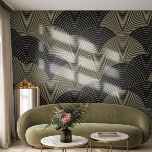 Fotomurali Premium Sand - Semicerchi dorati che formano un motivo giapponese su sfondo nero - 100x70cm - Unità nella molteplicità - Decorazione murale moderna per soggiorno e camera da letto ARTTOR