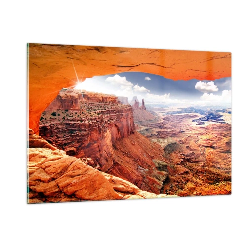Quadro su vetro - Vista del canyon attraverso un arco di roccia con raggi di sole - 120x80cm - Scolpiti dalla natura - Decorazione murale moderna per soggiorno e camera da letto ARTTOR