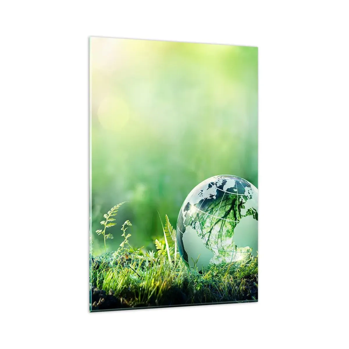 Quadro su vetro - Un globo di cristallo tra il verde della natura - 80x120cm - Pianeta verde - Decorazione murale moderna per soggiorno e camera da letto ARTTOR