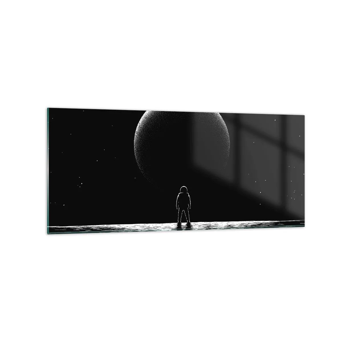 Quadro su vetro - Un astronauta sullo sfondo di un grande pianeta nello spazio - 120x50cm - Faccia a faccia - Decorazione murale moderna per soggiorno e camera da letto ARTTOR