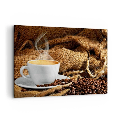 Quadro su tela - Stampe su Tela - Una tazza di caffè circondata da un sacchetto di chicchi di caffè - 100x70cm - L'odore di caffè con la schiuma del colore del miele - Decorazione murale moderna per soggiorno e camera da letto ARTTOR
