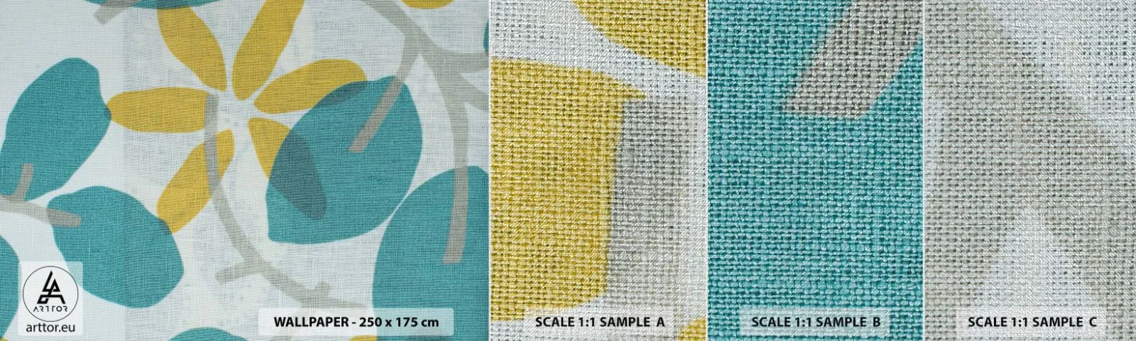 Campione di Fotomurale Premium Canvas - Tra le foglie azzurre - Boho, Fiori, Minimalismo - 100x30 cm