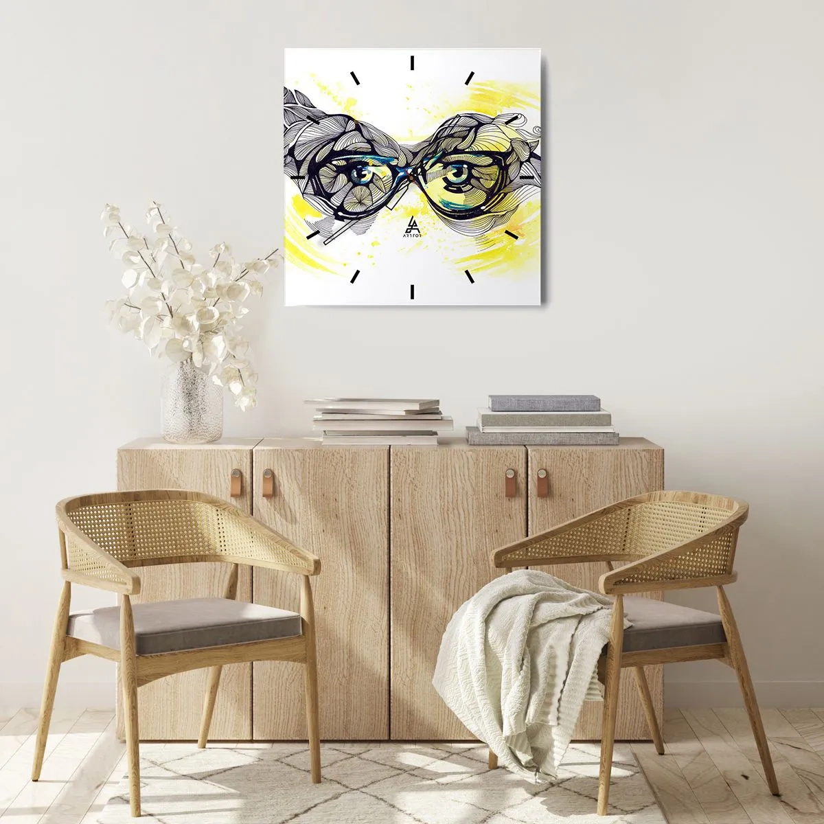 Orologio da parete - Orologio in Vetro - Grafica artistica di occhiali con occhi espressivi - 30x30cm - Attraverso gli occhiali blu - Decorazione murale moderna per soggiorno e camera da letto ARTTOR