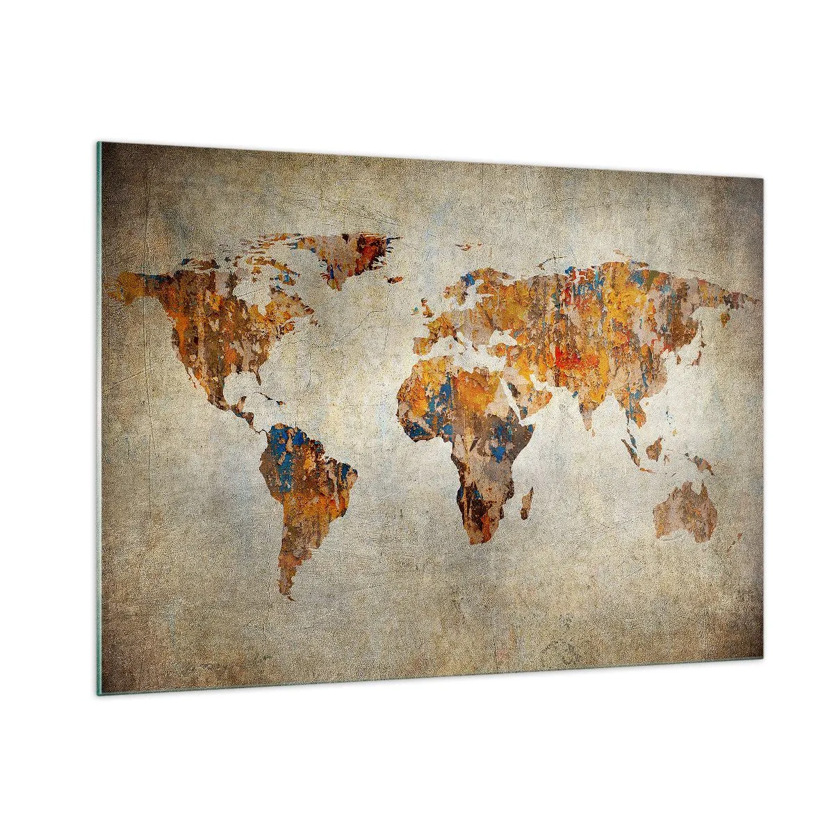 Quadro su vetro - Mappa del mondo artistica in tonalità calde - 100x70cm - Veramente un grande mondo - Decorazione murale moderna per soggiorno e camera da letto ARTTOR