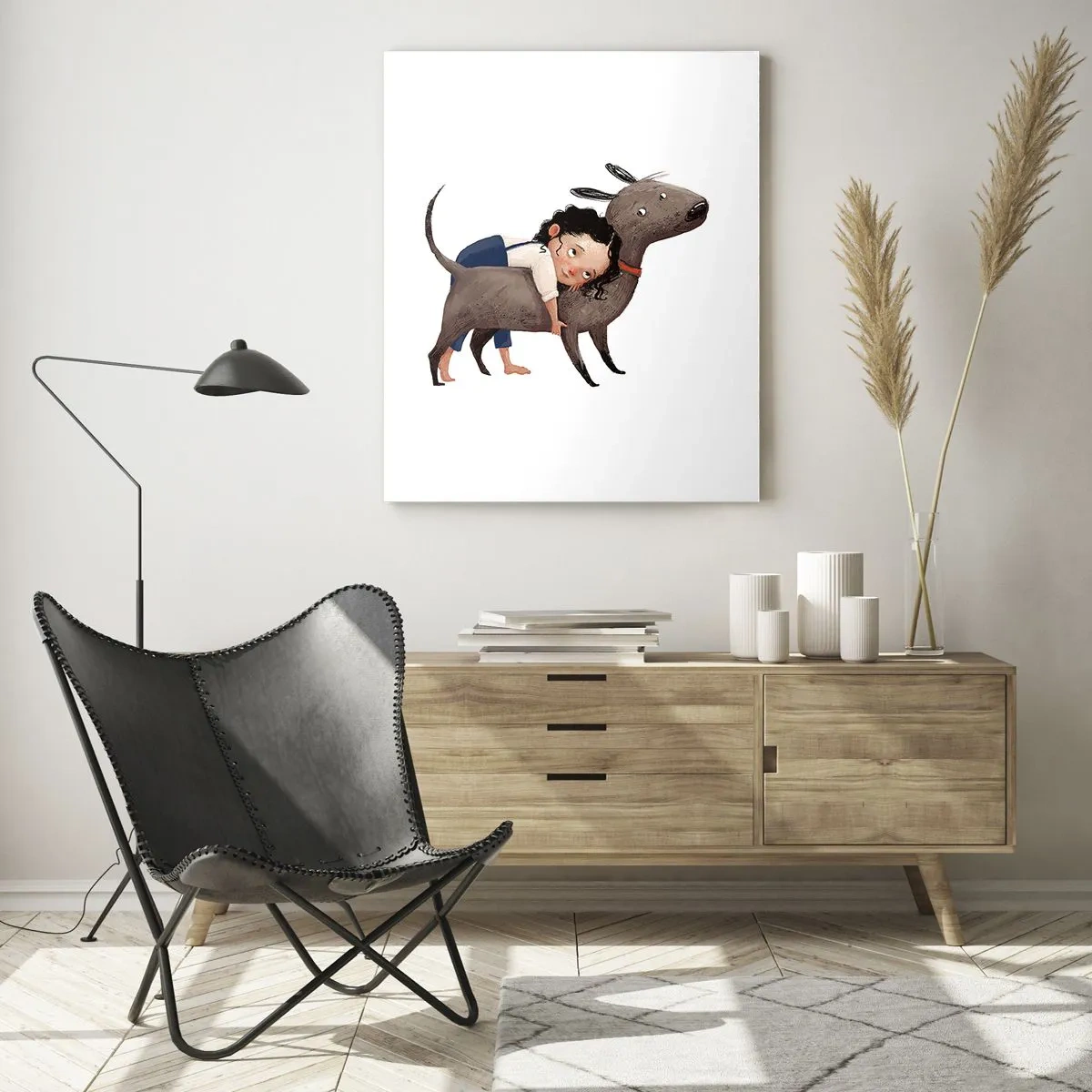 Quadro su vetro - Una ragazza che abbraccia un grosso cane su uno sfondo bianco - 50x70cm - I migliori amici - Decorazione murale moderna per soggiorno e camera da letto ARTTOR