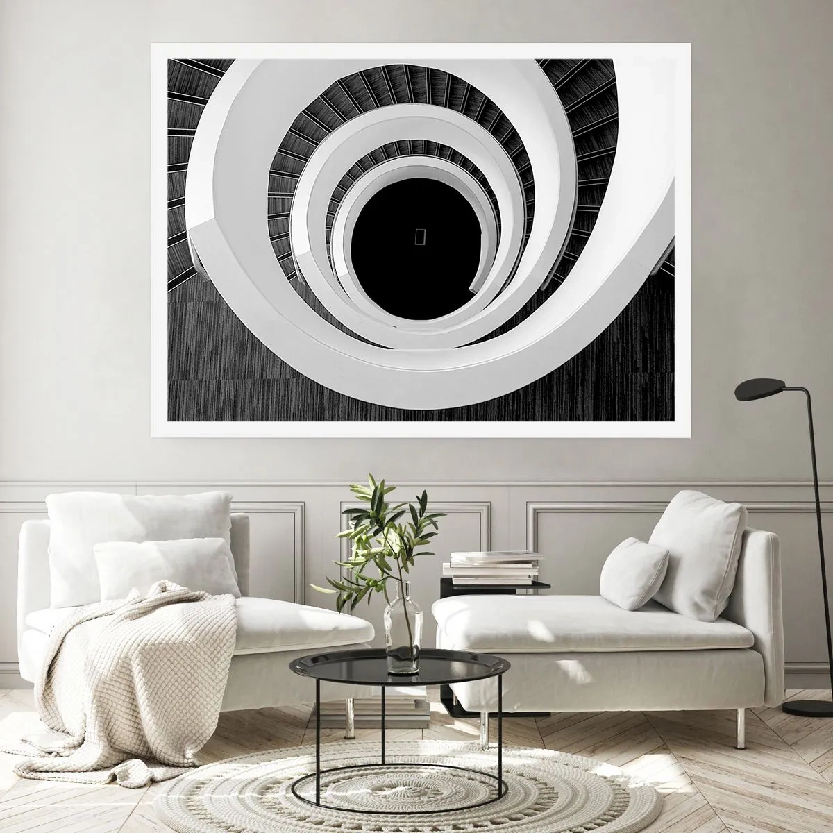 Poster - Scala a chiocciola bianca e nera in stile moderno - 100x70cm - Verso l'essenza delle cose - Decorazione murale moderna per soggiorno e camera da letto ARTTOR