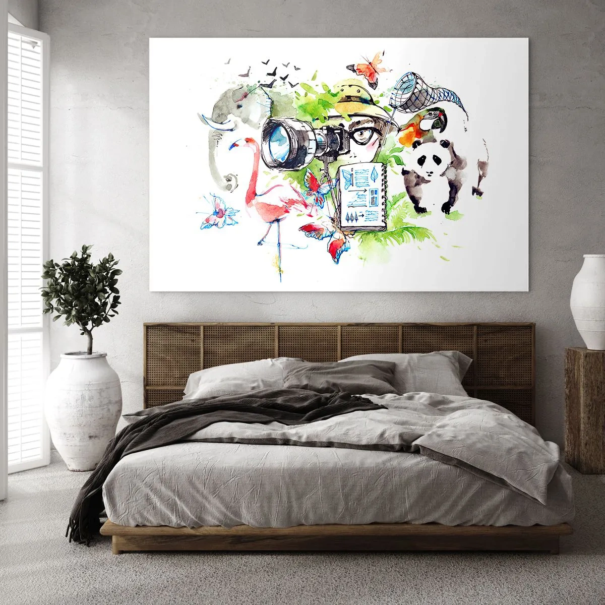 Quadro su vetro - Illustrazione di un fotografo con una macchina fotografica e animali - 70x50cm - Nell'obiettivo del viaggiatore - Decorazione murale moderna per soggiorno e camera da letto ARTTOR