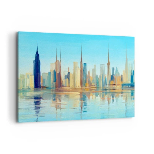 Quadro su tela - Stampe su Tela - Un panorama della città dai colori caldi con riflessi nell'acqua - 100x70cm - Metropoli assolata - Decorazione murale moderna per soggiorno e camera da letto ARTTOR