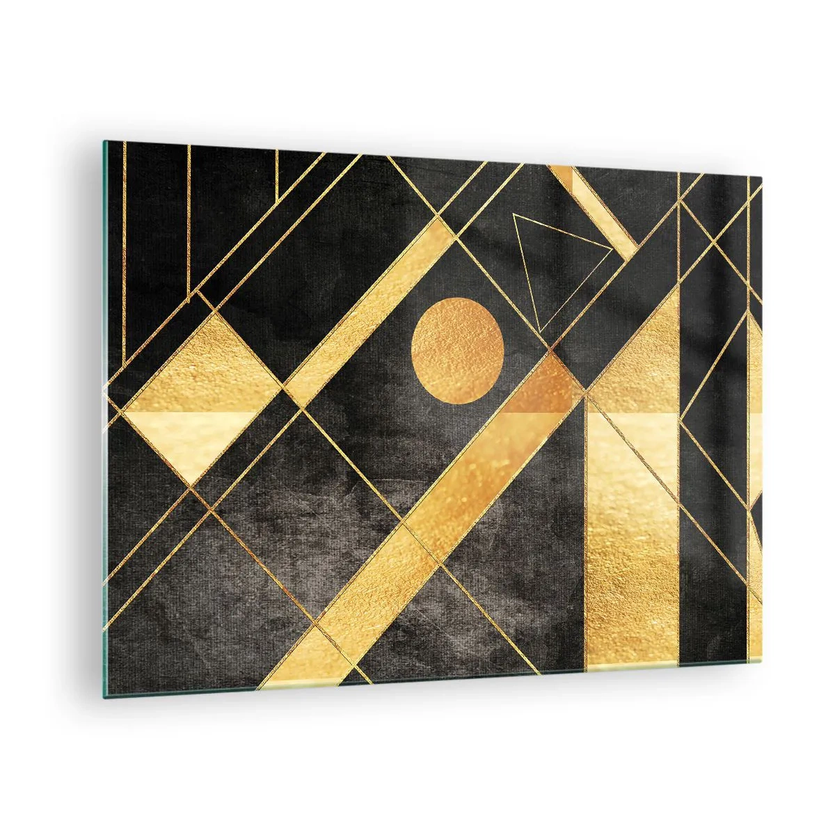 Quadro su vetro - Motivi geometrici dorati su sfondo nero - 70x50cm - Sole del deserto - Decorazione murale moderna per soggiorno e camera da letto ARTTOR