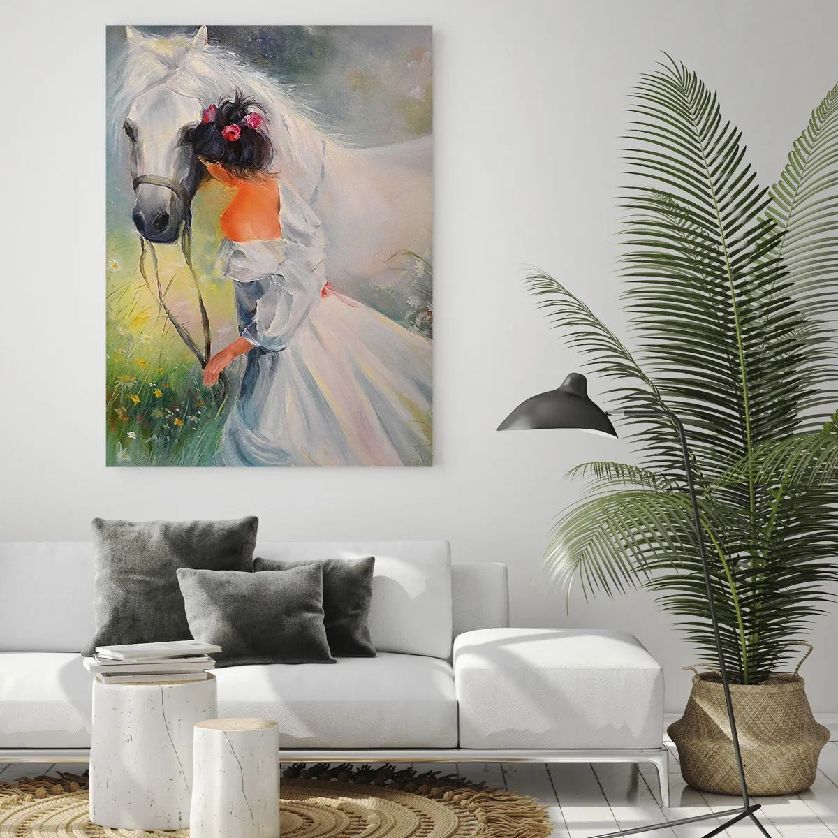 Quadro su vetro - Una donna con un cavallo bianco in un ambiente pittoresco - 80x120cm - Come in un bel sogno - Decorazione murale moderna per soggiorno e camera da letto ARTTOR
