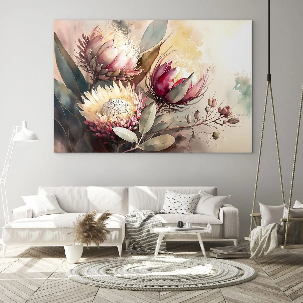 Quadro su vetro - Fiori di protea in colori pastello su uno sfondo artistico - 120x80cm - Di profilo e di fronte - Decorazione murale moderna per soggiorno e camera da letto ARTTOR