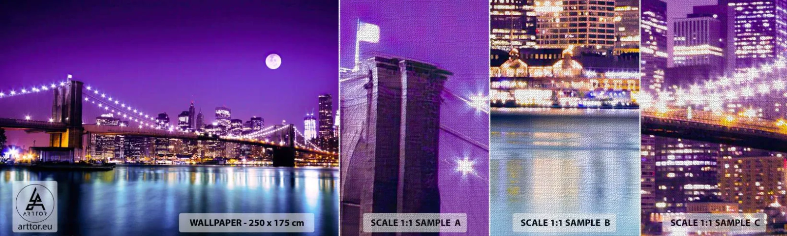 Campione di Fotomurale Premium Canvas - Luce della grande città in viola - Città, New York, ponte di Brooklyn - 100x30 cm