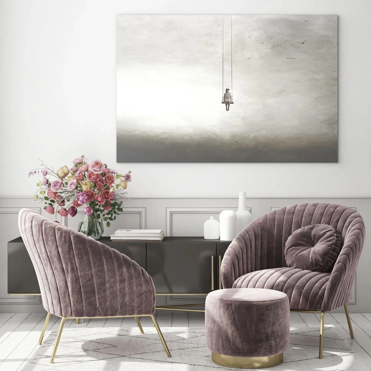 Quadro su vetro - Una figura su un'altalena sospesa nel cielo - 70x50cm - Il bambino che è in noi - Decorazione murale moderna per soggiorno e camera da letto ARTTOR