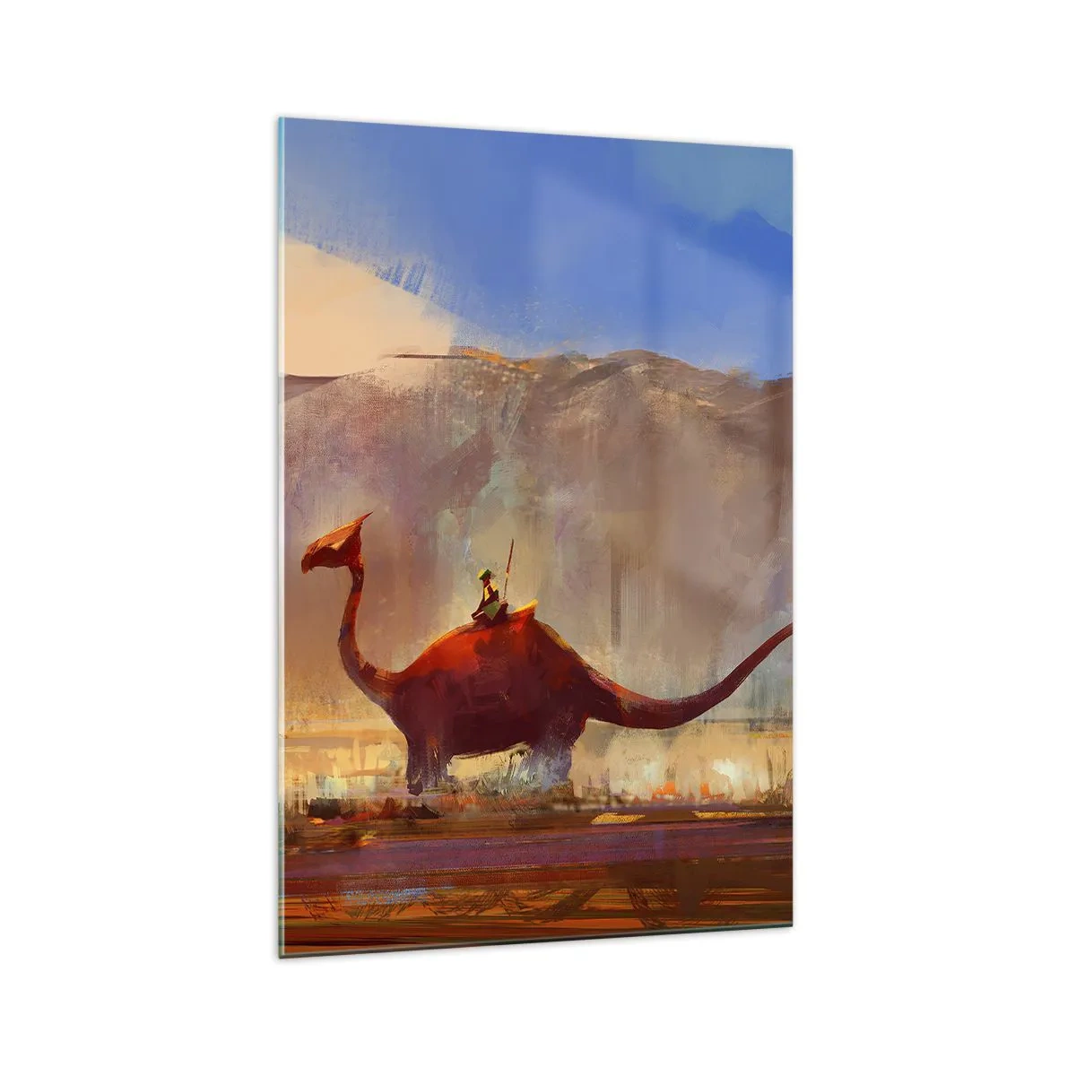 Quadro su vetro - Una scena fantasy con un cavaliere su una creatura preistorica - 70x100cm - Se non si fossero estinti - Decorazione murale moderna per soggiorno e camera da letto ARTTOR