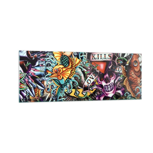 Quadro su vetro - Colorata opera d'arte in stile tatuaggio con teschi e motivi nautici - 140x50cm - Il sogno del tatuatore - Decorazione murale moderna per soggiorno e camera da letto ARTTOR