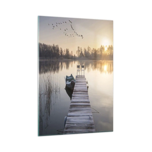 Quadro su vetro - Mattina al lago con molo - 50x70cm - Tornerò un giorno - Decorazione murale moderna per soggiorno e camera da letto ARTTOR