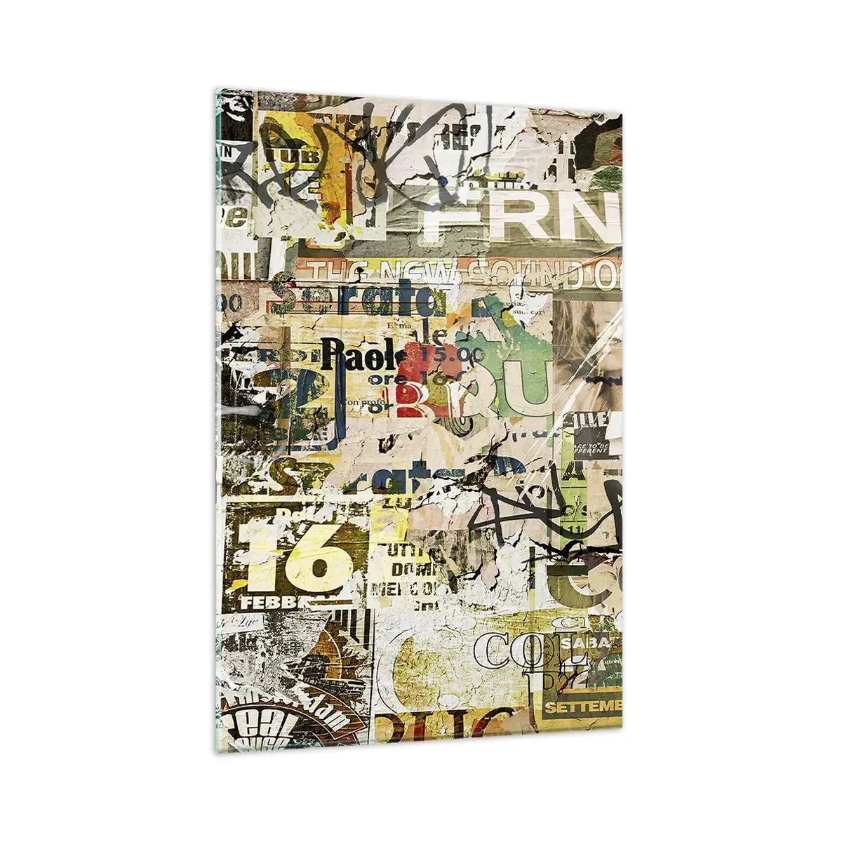 Quadro su vetro - Un collage di frammenti di giornali e manifesti in stile artistico. - 80x120cm - Qualcosa sta succedendo… - Decorazione murale moderna per soggiorno e camera da letto ARTTOR