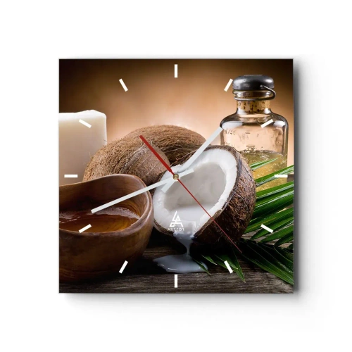 Orologio da parete - Orologio in Vetro - Noci di cocco, candela e olio su uno sfondo di legno - 30x30cm - Salute dalle isole tropicali - Decorazione murale moderna per soggiorno e camera da letto ARTTOR