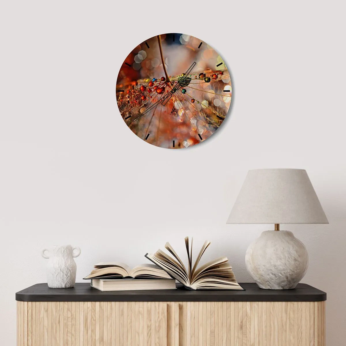 Orologio da parete - Orologio in Vetro - Gocce di rugiada sulla ragnatela nella luce del mattino - 30x30cm - Posate sulla ragnatela - Decorazione murale moderna per soggiorno, cucina e camera da letto ARTTOR