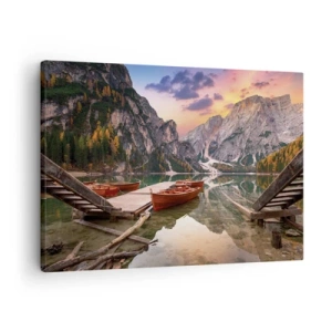 Quadro su tela - Stampe su Tela - Lago di montagna con barche al tramonto - 70x50cm - La promessa del giorno - Decorazione murale moderna per soggiorno e camera da letto ARTTOR