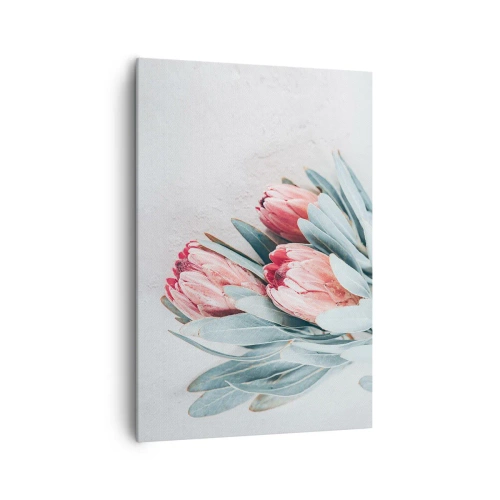 Quadro su tela - Stampe su Tela - Delicati fiori di protea rosa su uno sfondo chiaro - 70x100cm - Imbarazzati per la propria bellezza - Decorazione murale moderna per soggiorno e camera da letto ARTTOR
