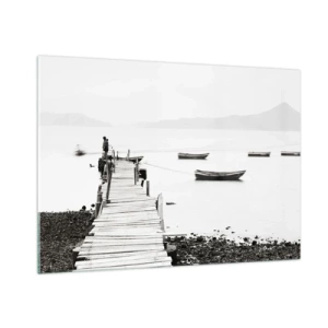 Quadro su vetro - Vista in bianco e nero di un molo di legno su un lago - 100x70cm - Sull'acqua silenziosa e pura - Decorazione murale moderna per soggiorno e camera da letto ARTTOR