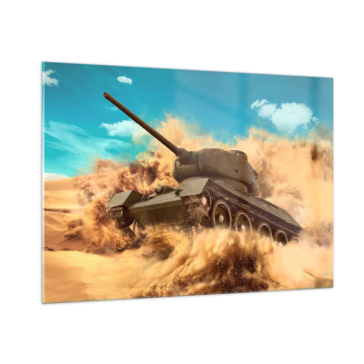 Quadro su vetro - Un carro armato in movimento in un deserto con polvere che vola e un cielo luminoso - 100x70cm - Imbattibile - Decorazione murale moderna per soggiorno e camera da letto ARTTOR