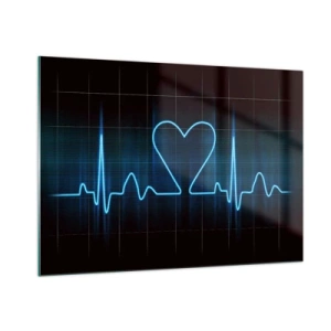 Quadro su vetro - Linea di vita con un cuore su uno sfondo scuro in luce blu - 100x70cm - Al ritmo del cuore - Decorazione murale moderna per soggiorno e camera da letto ARTTOR